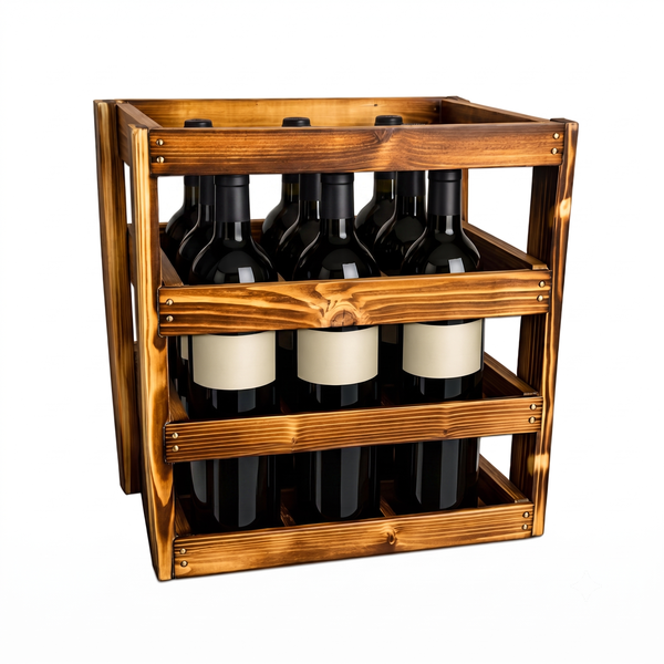 Rustikaler Weinregal aus Holz mit sechs Weinflaschen zur Aufbewahrung und Dekoration.