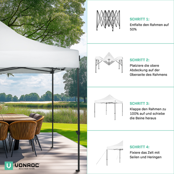 VONROC Pavillon 3x3m wasserdicht stabil - Partyzelt EasyUp System [3Min Aufbau] Popup Faltpavillon modular erweiterbar als Festival Zelt, Gartenpavillon