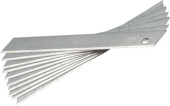 Ein Satz Ersatzklingen aus Metall für Cuttermesser in einem Fächerarrangement dargestellt.