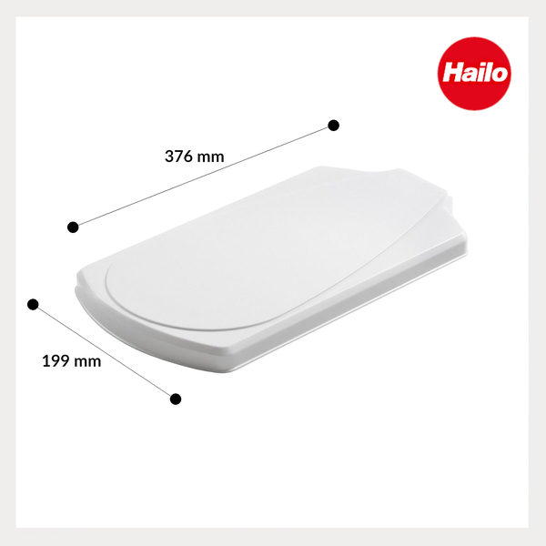 Weißer Hailo Systemdeckel aus Kunststoff mit Maßen 376 Millimeter mal 199 Millimeter und Hailo Logo.