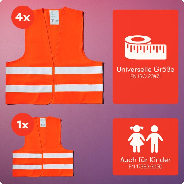 Set aus 4 reflektierenden Warnwesten für Erwachsene in Universalgröße und 1 reflektierenden Warnweste für Kinder in Orange.