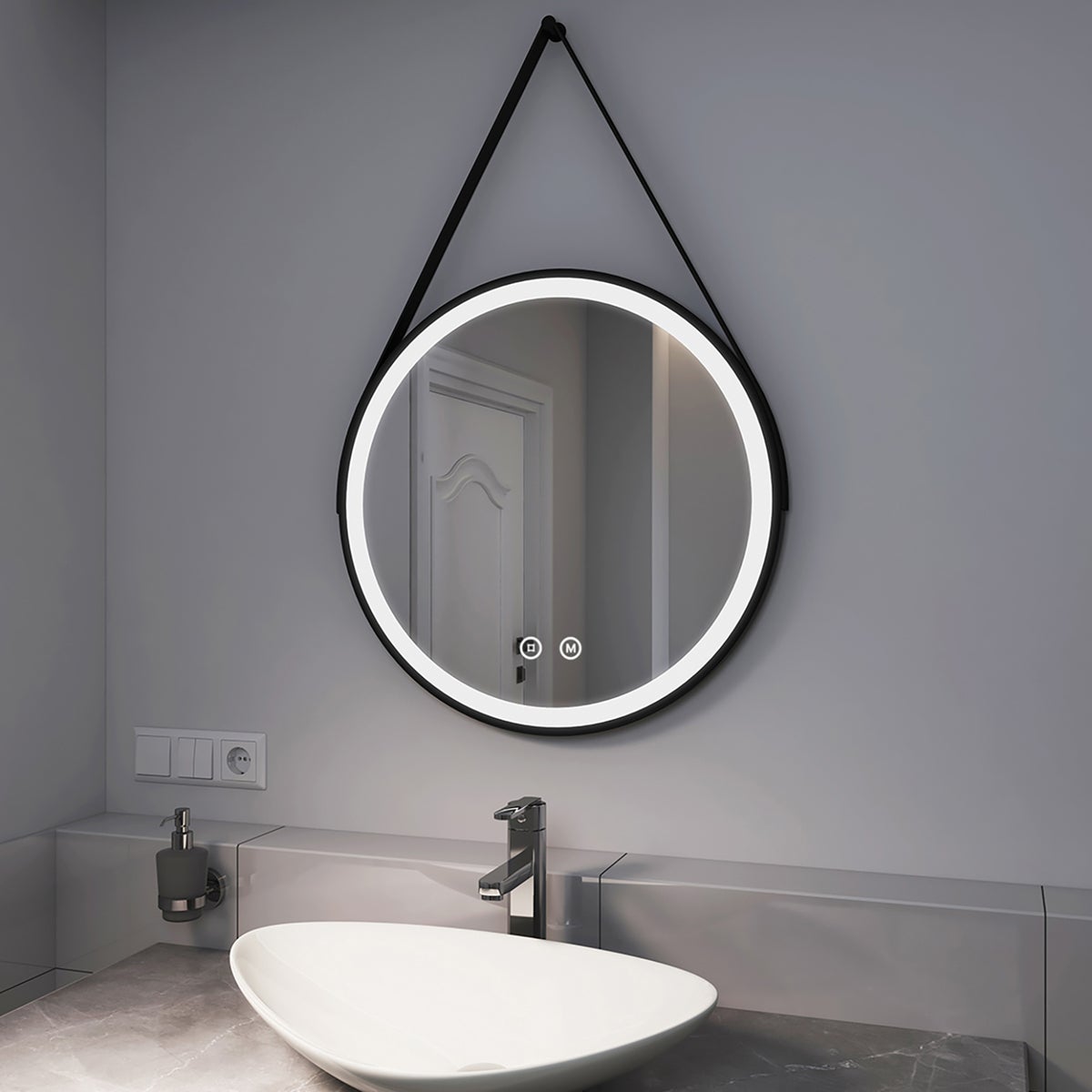 EMKE Badspiegel mit Beleuchtung Schwarz Rahmen und Riemen ф60cm, 3 Lichtfarben,Dimmbar
