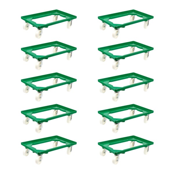 PROREGAL SparSet 10x Transportroller für Euroboxen 60 x 40 cm mit Kunststoffräder Grün Offenes Deck 2 Lenkrollen und 2 Bockrollen Traglast 300 kg