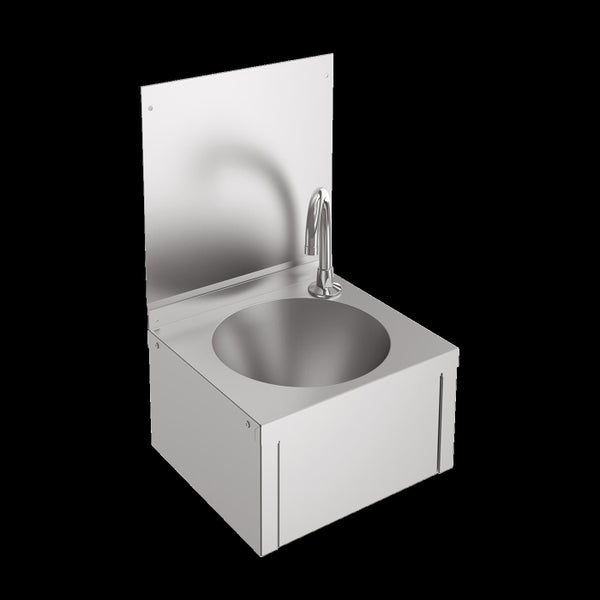 Wandwaschbecken aus Edelstahl mit integriertem Spritzschutz und Armatur für gewerbliche Sanitärbereiche.