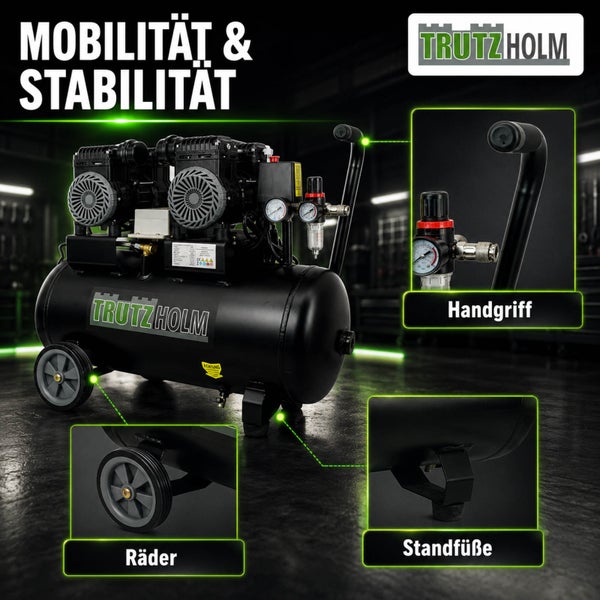 Schwarzer Trutzholm Druckluftkompressor mit Rädern, Handgriff und Standfüßen für Mobilität und Stabilität. Trutzholm Logo.