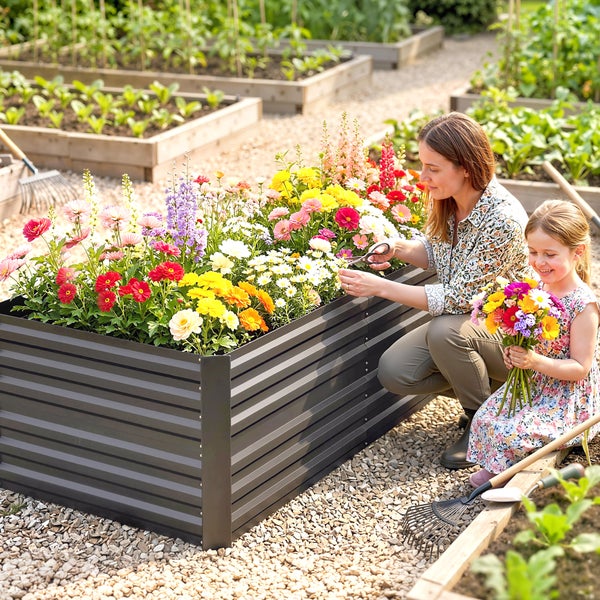 Eine Frau und ein Kind ernten bunte Blumen aus einem Hochbeet aus anthrazitfarbenem Wellblech in einem hellen, organisierten Garten.