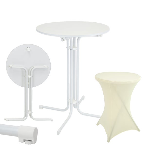 Weißer klappbarer Stehtisch mit Metallgestell und runder Tischplatte, abgebildet offen, zusammengeklappt und mit cremefarbener Husse.