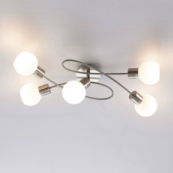 Deckenleuchte mit fünf Leuchtmitteln und gebogenen Metallarmen