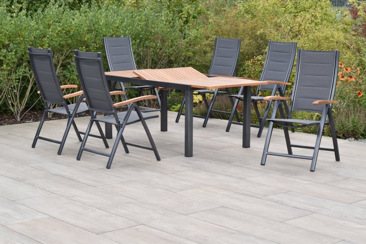 Paxos Gartenmöbelset 7tlg., Klappsessel, Ausziehtisch 150 (200) x 90 cm