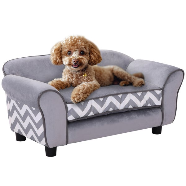 PawHut Hundesofa, Haustiersofa mit erhöhten Füßen, Hundecouch, Hundeliege mit Kissen, Hundebett, Katzensofa, Waschbar, Samt, Grau, 73,5 x 41 x 33 cm