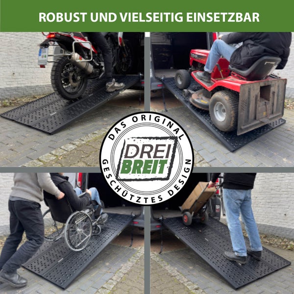 Vielseitige Auffahrrampe für Motorrad, Rasentraktor, Rollstuhl und Sackkarre, robustes Design mit rutschfester Oberfläche für den Fahrzeugtransport.