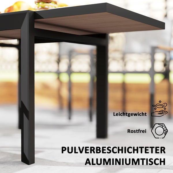 Outsunny Gartentisch Ausziehbarer Aluminium 80/160x80 cm Wetterfest Balkontisch rutschfest Buffettisch Campingtisch für 6 Personen Terrassentisch Outdoor Esstisch für Garten, Terrasse Balkon Naturholz