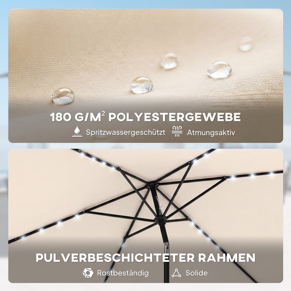 Outsunny Sonnenschirm LED Solar ca. 300 x 200 cm knickbar Balkonschirm mit Kurbel Schutzhülle, UV Schutz, Drehbar Gartenschirm Rechteckig Marktschirm für Garten Balkon Terrasse Cremeweiß