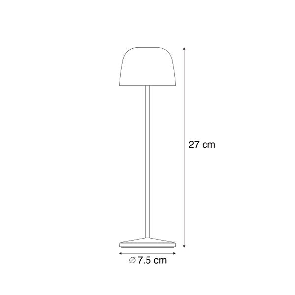 Maßzeichnung einer Tischleuchte mit einer Höhe von 27 Zentimeter und einem Sockeldurchmesser von 7,5 Zentimeter.