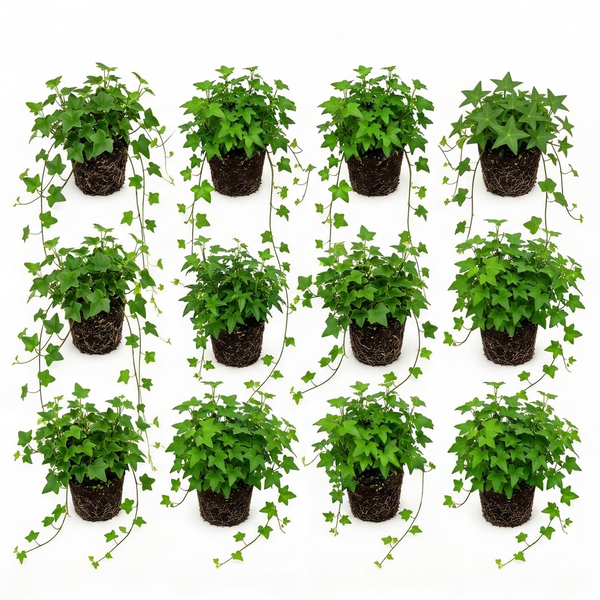 Zwölf kleine Efeu-Pflanzen Hedera helix mit grünen Blättern und Ranken in Anzuchttöpfen mit Erde.
