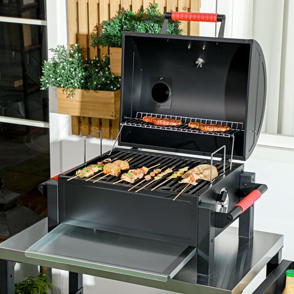Outsunny Holzkohlgrill, Tischgrill mit Grillrost, Deckel für Picknick, Verzinkter Stahl, Schwarz, 68,5 x 50 x 54 cm