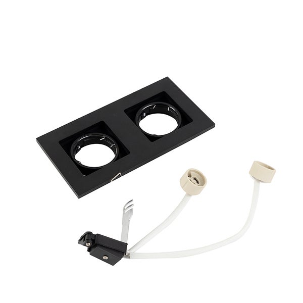 Schwarzer 2-flammiger Einbaustrahler-Rahmen, rechteckig, inklusive GU10 Fassungen und Anschlusskabel.