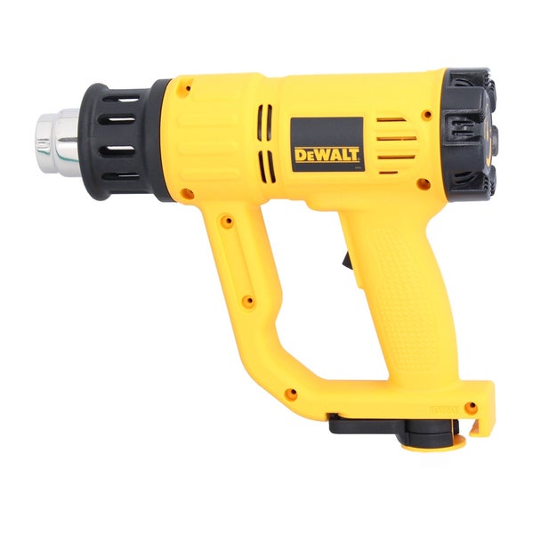 DeWalt Heißluftgebläse mit gelbem Kunststoffgehäuse, schwarzem Griffschutz und integriertem Standfuß für sicheres Arbeiten.