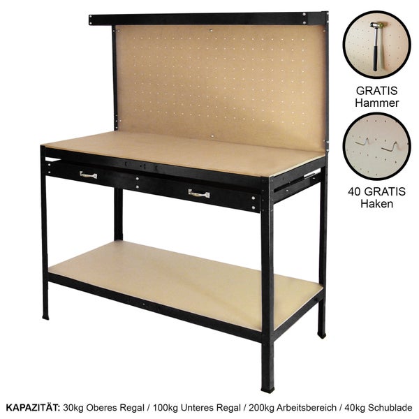 Werkbank mit Stecktafel und Schublade Schwarz