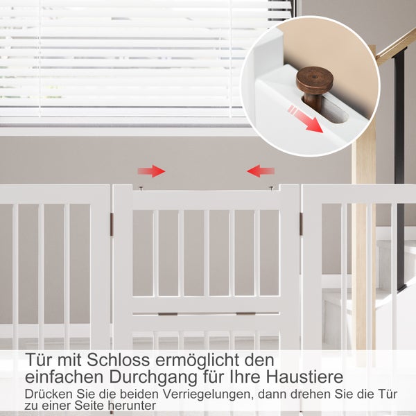 PawHut Hunde Absperrgitter Türschutzgitter mit 2 Stützfüßen, klappbares Schutzgitter mit Konfigurationsgitter, umkehrbarer Tür, 4 Stücke, Kiefernholz Weiß 215 x 38 x 75 cm