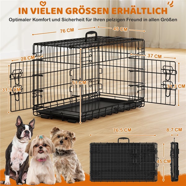 Hundebox aus Metall mit Maßen, zusammengeklappt und mit drei Hunden