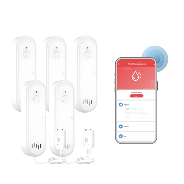 Set aus fünf Wassermeldern mit App-Anbindung für das Smartphone zur Erkennung von Wasserlecks und Überflutungen.