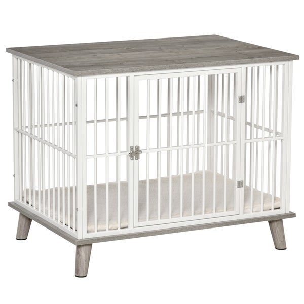 PawHut Hundekäfig für Zuhause, Abschließbar Hundehütte mit Kissen, Hundebox mit Tür, Hundehaus für mittelgroße Hunde unter 15 kg, Grau, 86 x 60 x 70 cm