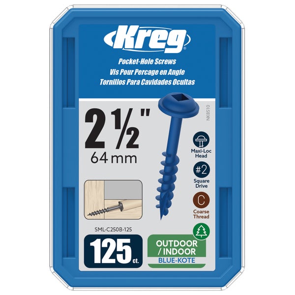 Kreg Taschenlochschrauben, 64 Millimeter, Grobgewinde, Blue-Kote Beschichtung, fuer Aussen und Innen, 125 Stück.