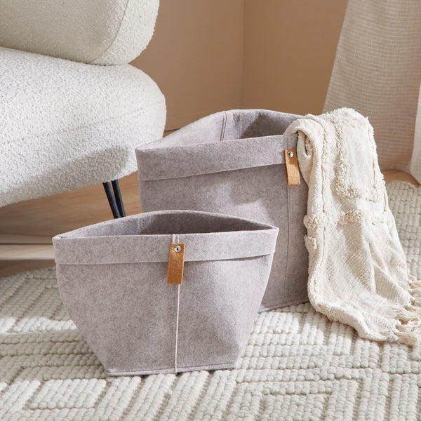 FRANK FLECHTWAREN | Filztasche Pure, 2er Set, FILZ AUS PET, FILZ, METALL, 30 x 30 x 34 cm, 22 x 22 x 23 cm