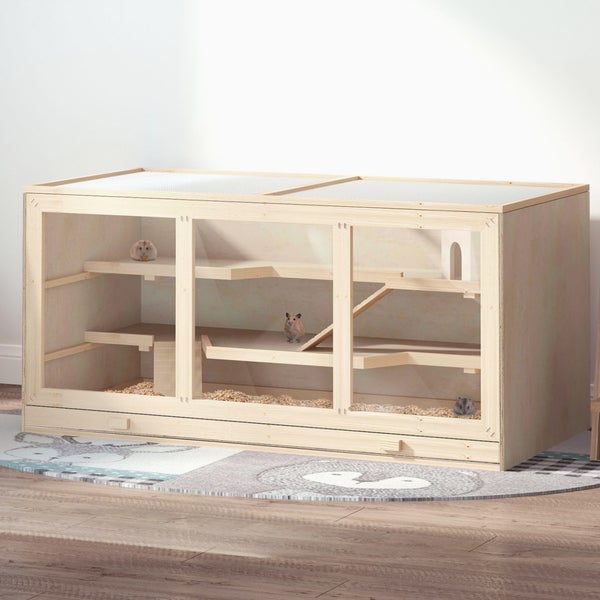 PawHut Zwerghamsterkäfig Nagerkäfig Kleintierstall aus Holz Mäusekäfig mit Treppen Kleintierkäfig Nagervilla Dreistöckig Naturholz 115 x 57 x 55 cm