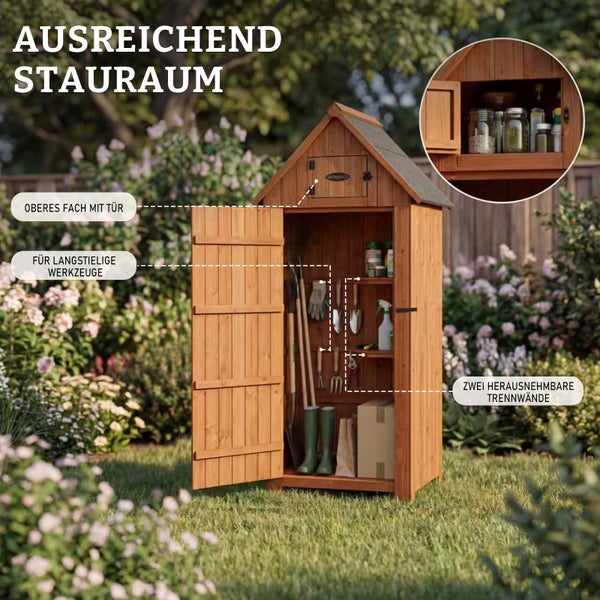 Offener Gartenschrank aus Holz mit Stauraum für langstielige Werkzeuge, zwei herausnehmbaren Trennwänden und einem oberen Fach mit Tür.