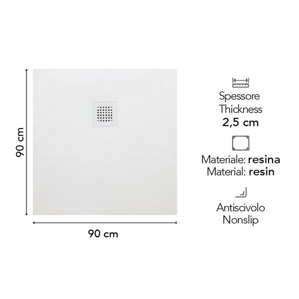 Quadratische Duschwanne aus Harz, Maße 90 mal 90 Zentimeter, Dicke 2,5 Zentimeter, rutschhemmende Oberfläche.
