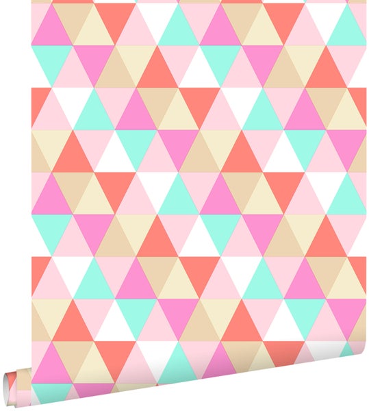 ESTAhome Tapete Dreiecke Rosa, Türkis und Korallenrot - 53 cm x 10.05 m - 138714