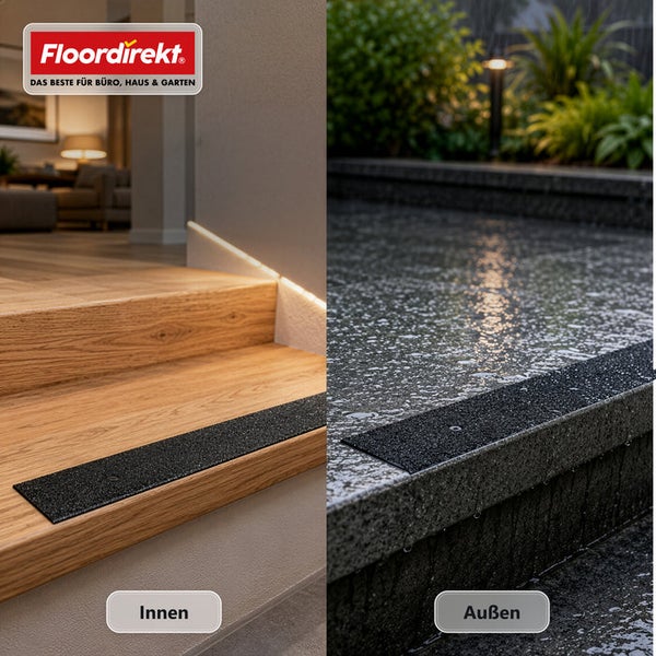 Floordirekt Logo, rutschfeste Stufenmatte für Innen und Außen, montiert auf einer Holztreppe und einer Steintreppe im Regen.