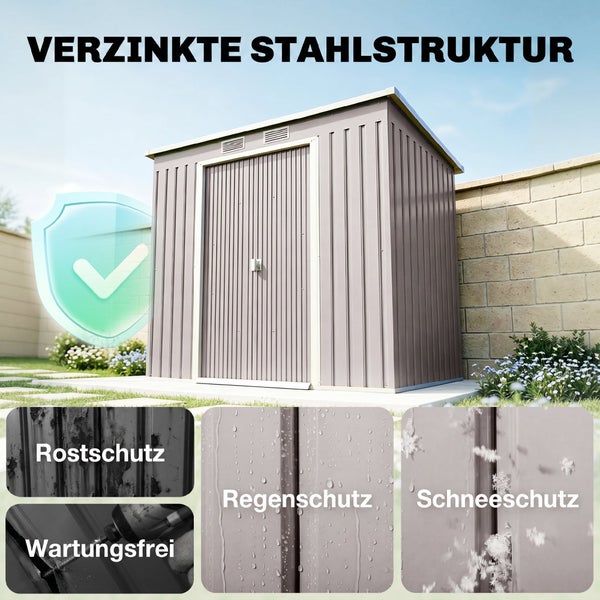Gerätehaus aus verzinktem Stahl mit Schutz vor Rost, Regen und Schnee, wartungsfrei.