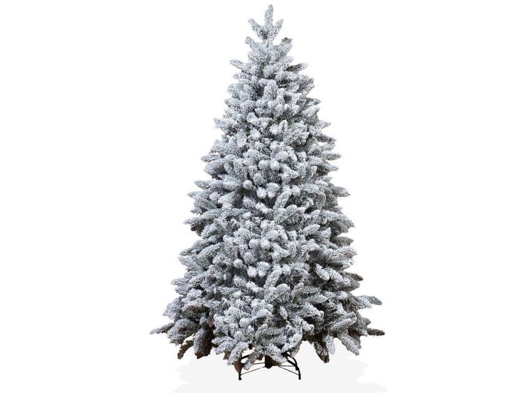 Künstlicher, beschneiter Weihnachtsbaum mit dichten Nadelzweigen auf einem stabilen Metallständer.