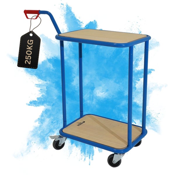 Etagenwagen mit zwei Holzplattformen, blauem Metallgestell und 250 Kilogramm Tragkraft.