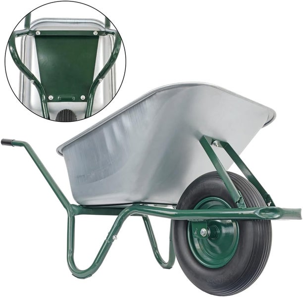 Schubkarre mit Metallwanne und grünem Rahmen