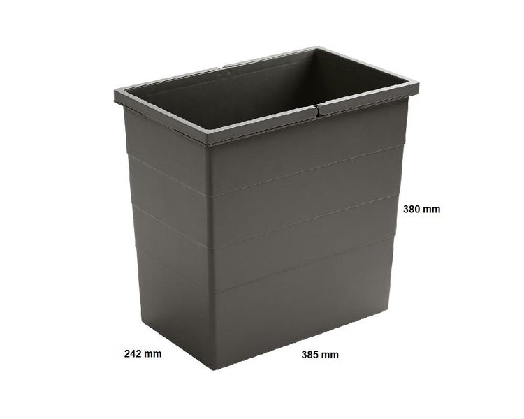 Rechteckiger Mülleimer aus grauem Kunststoff, Breite 385 Millimeter, Tiefe 242 Millimeter, Höhe 380 Millimeter.