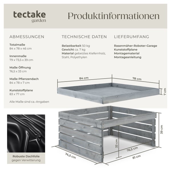 Produktinformationen zu einer Rasenmäher-Roboter-Garage von tectake garden mit Maßangaben