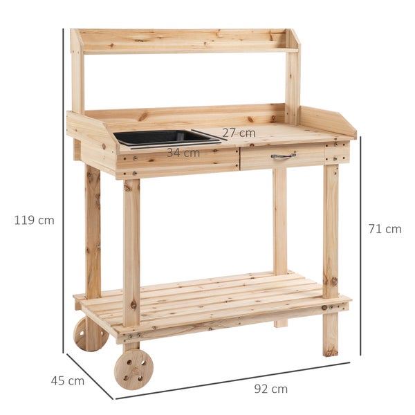 Outsunny Pflanztisch mit Schublade 2 Stufen Gärtnertisch mit waschbecken und Rollen Garten Tannenholz Natur 92 x 45 x 119 cm