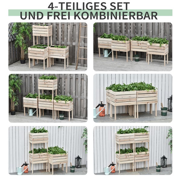 Outsunny 4 tlg. Hochbeet Pflanzkübel Pflanzkasten aus Holz 4 Kombinationsmodi im Garten und Balkon 50 x 30 x 60 cm Natur
