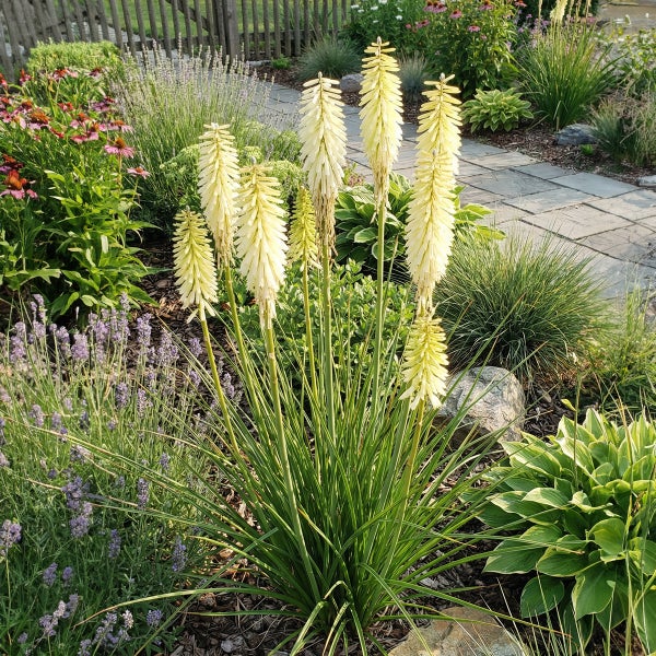 Gelbe Fackellilie Kniphofia blühend im Gartenbeet mit Lavendel und Funkien an einem gepflasterten Gartenweg.