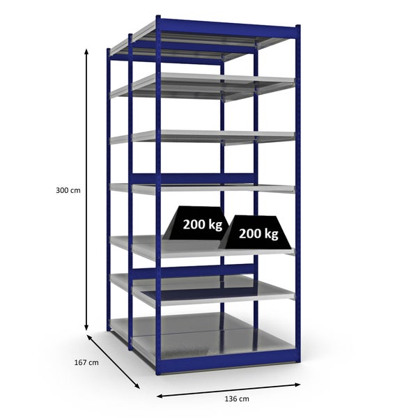 PROREGAL Fachbodenregal Stecksystem Vierkant-Profil Grundregal HxBxT 300 x 132,5 x 80 cm 2x7 Ebenen Doppelseitige Bauart Fachlast 200 kg Enzianblau