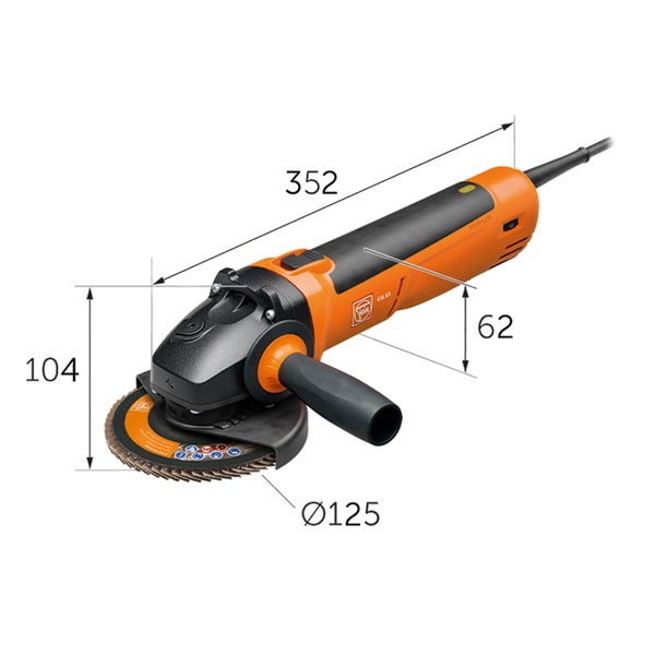 Fein Winkelschleifer mit den Maßen 352 x 104 x 62 mm und einem Scheibendurchmesser von 125 mm