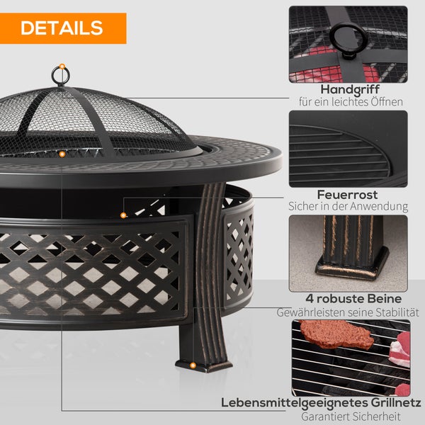 Outsunny Feuerschale mit Schürhaken, rund, für Garten, Camping BBQ,  81 x 81 x 50 cm, Stahl, Schwarz