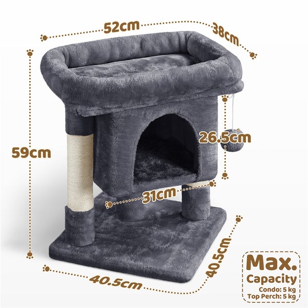 Grauer Kratzbaum mit Maßen und Informationen zur maximalen Belastbarkeit