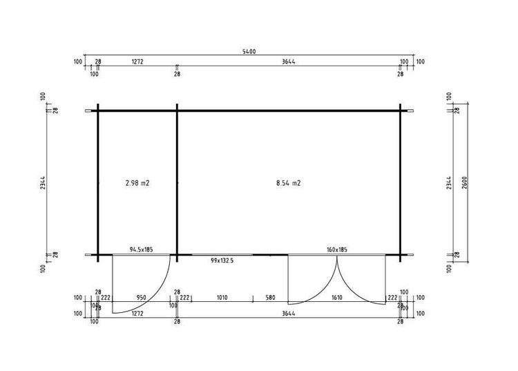 Grundrisszeichnung eines Gartenhauses mit Maßangaben