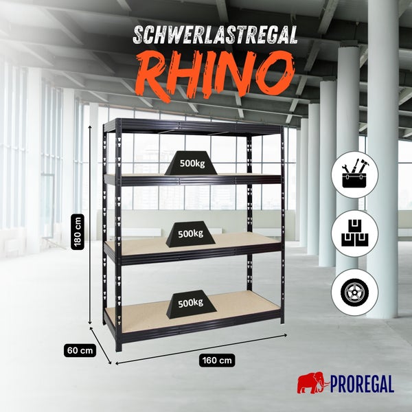 Schwerlastregal Rhino von Proregal mit vier Ebenen, Tragkraft 500 Kilogramm pro Boden, Maße 180 mal 160 mal 60 Zentimeter. Proregal Logo.