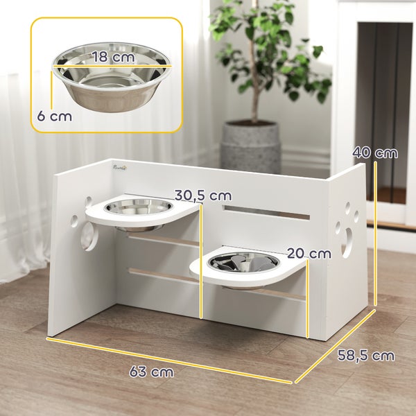 PawHut Hundenapf erhöht, 3 Stufen Höhenverstellbar Futternapf für Hunde mit Separatem Design, Anti-Schling-Matte, Fressnapf mit 2 Edelstahl-Schüsseln, für alle große Hunde, Weiß